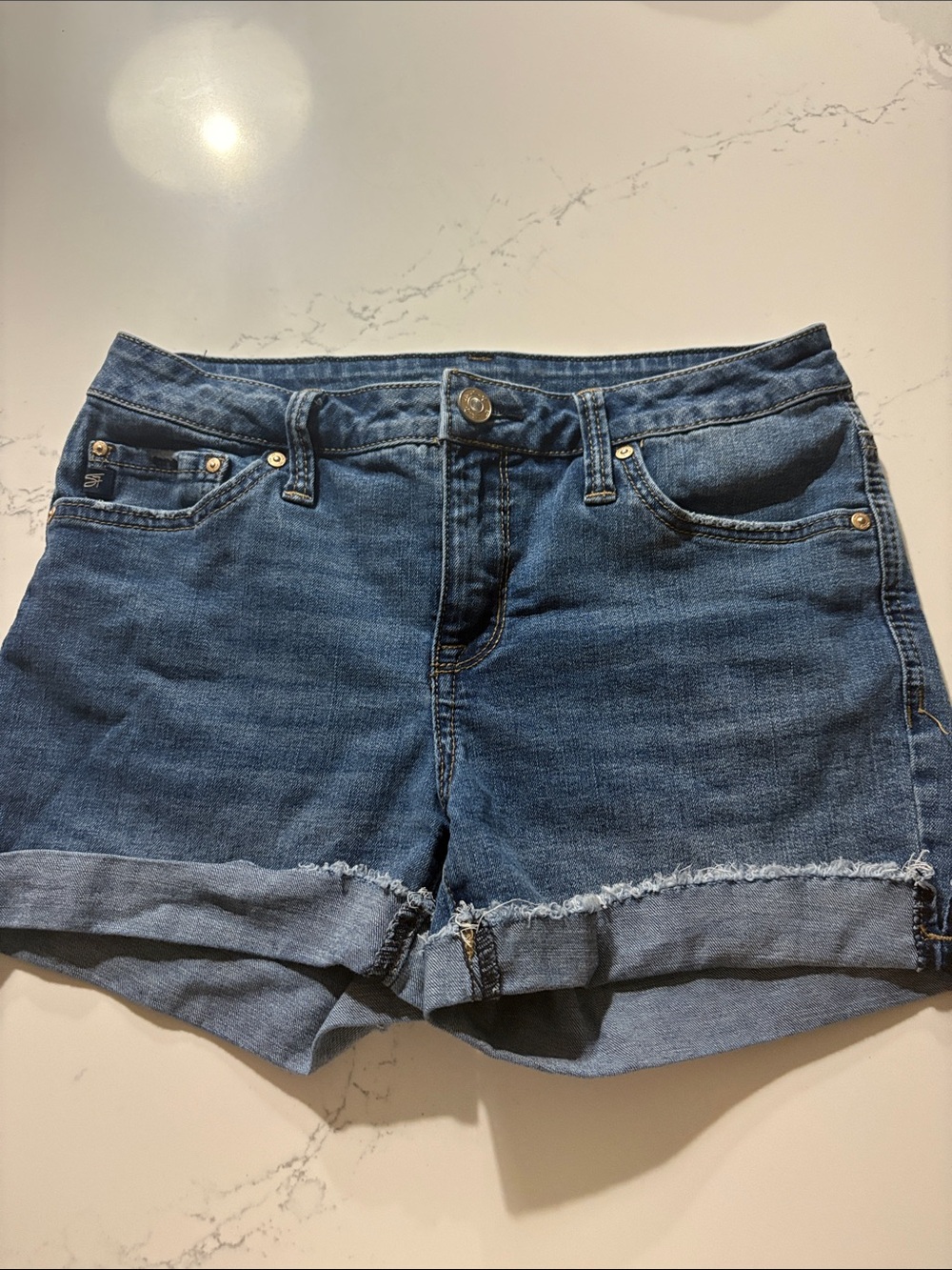 7 For All Mankind Medium Blue Rolled-Hem Denim Shorts